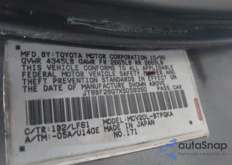 1999 Lexus Es 300 from USA, damaged, VIN JT8BF28G7X5058350